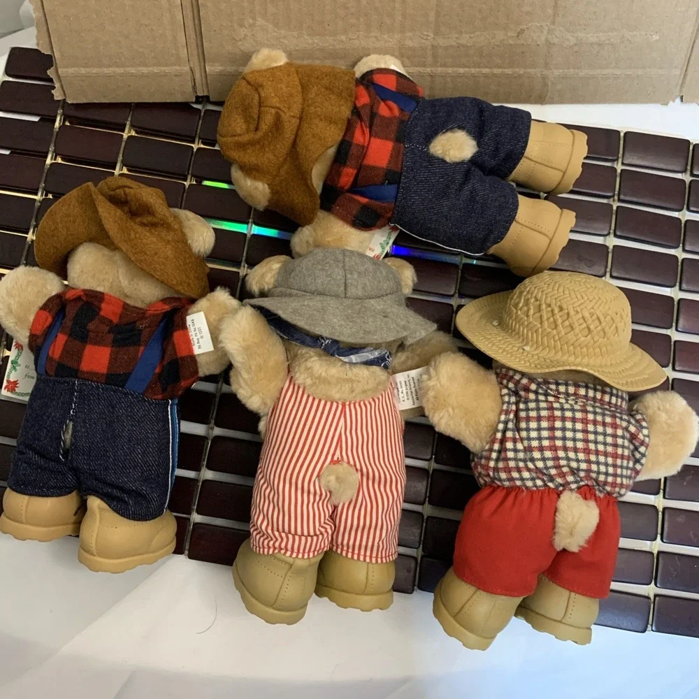 4 1980' Wendys Furskins Bear Plush Stuffed Animals Furskin Denim Overall Hat VTG